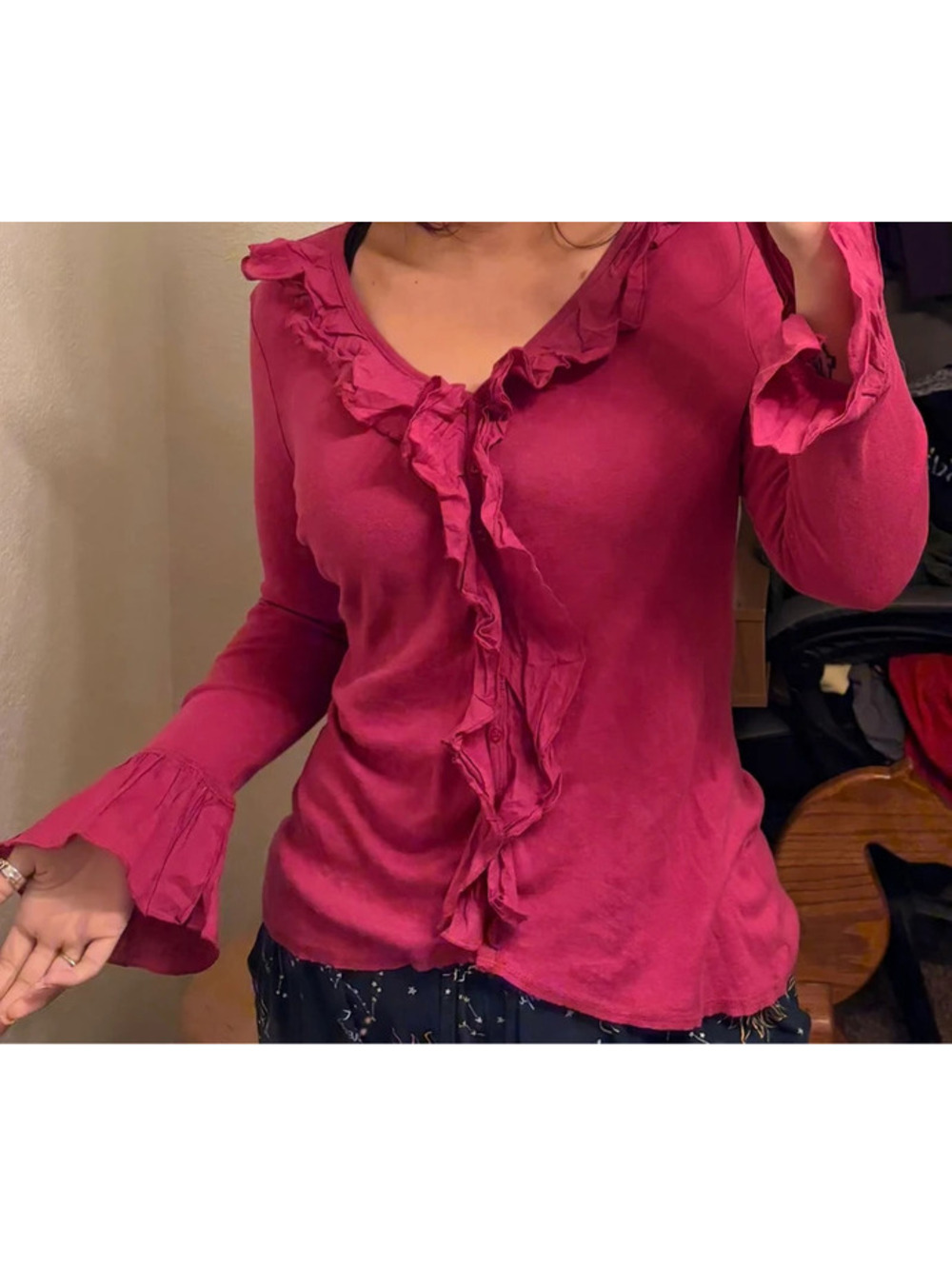 pink/purple ruffled whimsical preppy long sleeve button up
